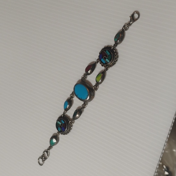 Vintage Mexico Turquoise And Inlaid Stone Silver Bracelet RARE - Picture 2 of 10